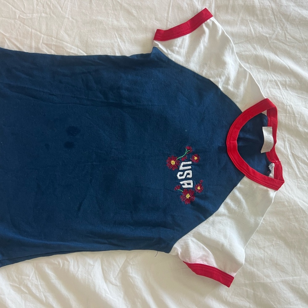 Free People USA Embroidered Navy and White T-Shirt with Red Trim